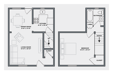 Floor plan for 1 bed, 1 bath, 841 sqft